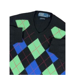 Vintage Polo‎ Ralph Lauren Diamond V Neck 100% Wool Sweater Black Size Men's L
